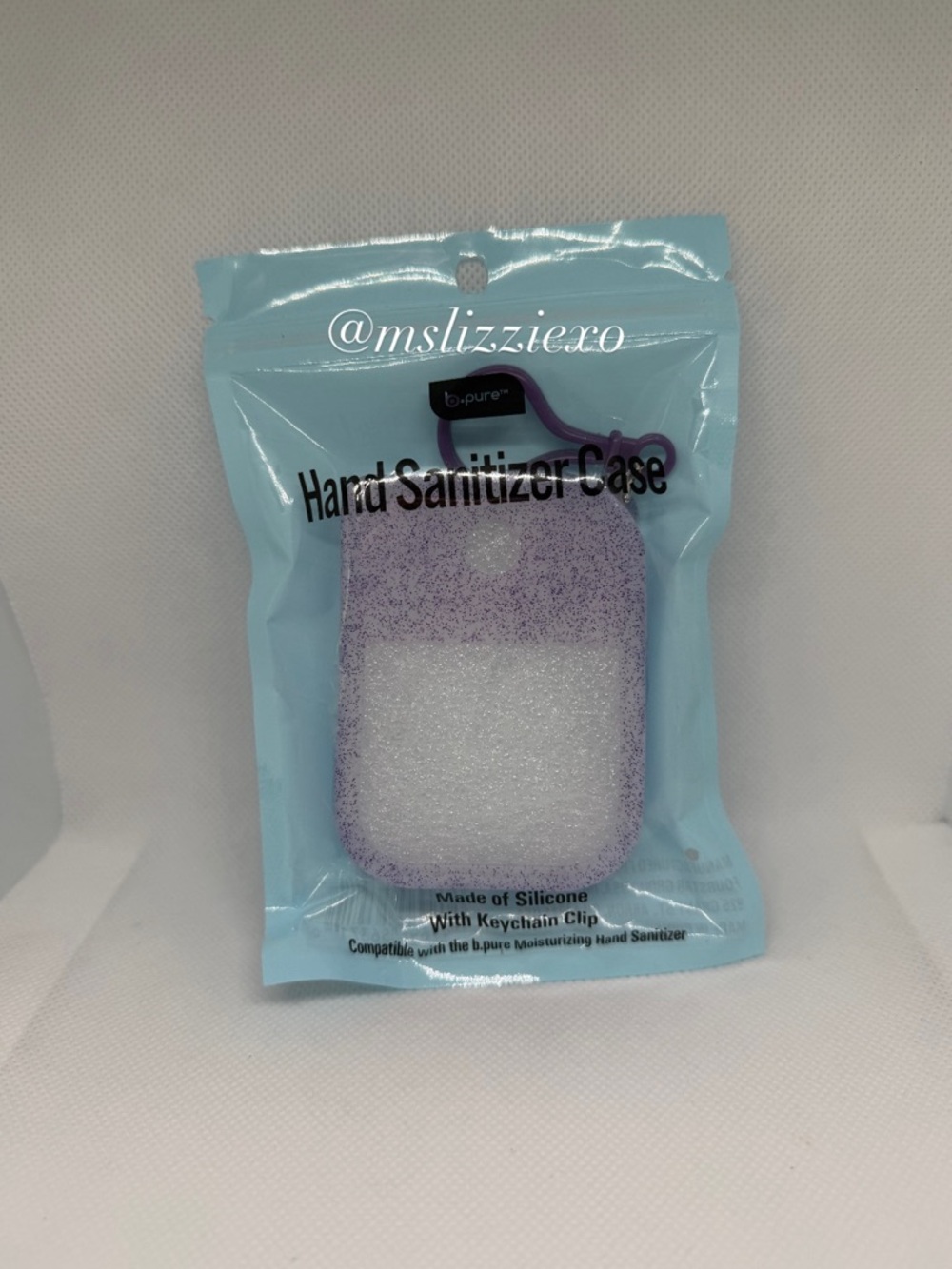 Purple Glitter Silicone Hand Sanitizer Case with Keychain Clip